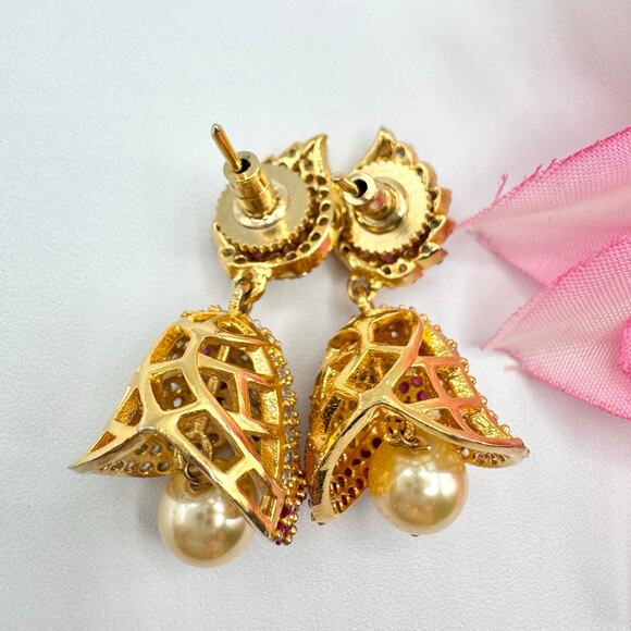 Jeweled Jhumka Drop Earrings Bell Chime Sound India Wedding CZ Ruby? Occasion - Picture 7 of 11